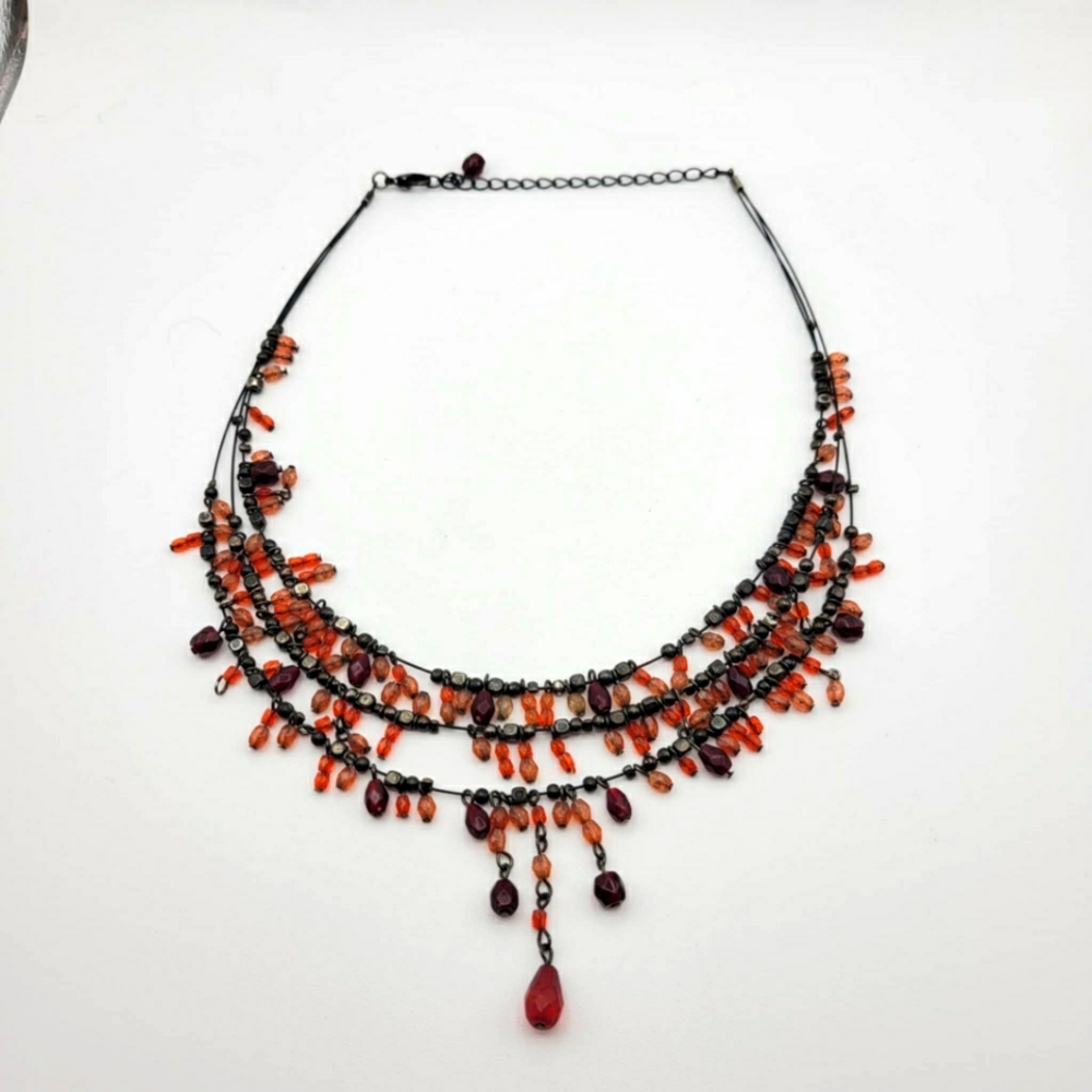 Triple Strand Beaded Necklace in Red and Black